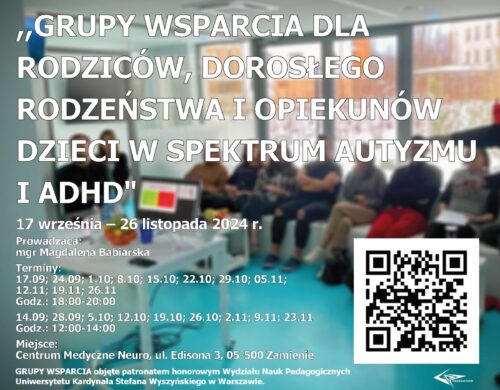 Plakat - Grupy wsparcia dla rodziców, dorosłego rodzeństwa i opiekunów dzieci w spektrum autyzmu i ADHD