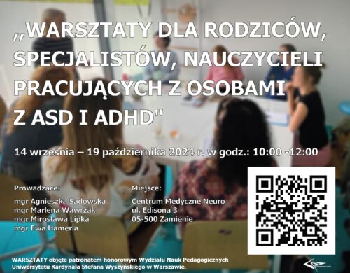 Plakat na warsztaty dla rodziców, specjalistów, nauczycieli pracujących z osobami z ADHD i ASD